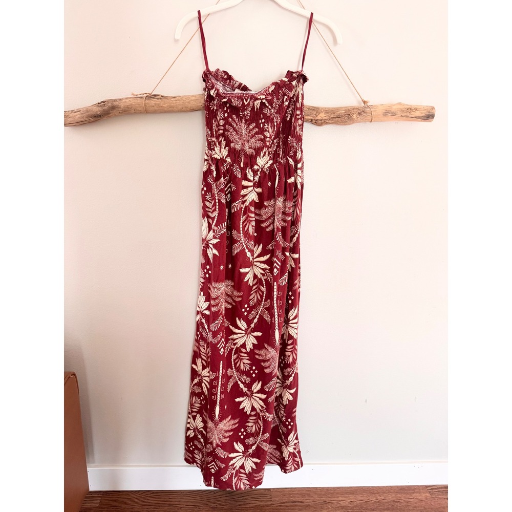 Monteau Los Angeles Burgundy Tropical Palm Linen Blend Smocked Maxi Dress XS NWT
